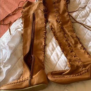 Brown Suede Lacy Up Gipsy Dharma Knee High Boots